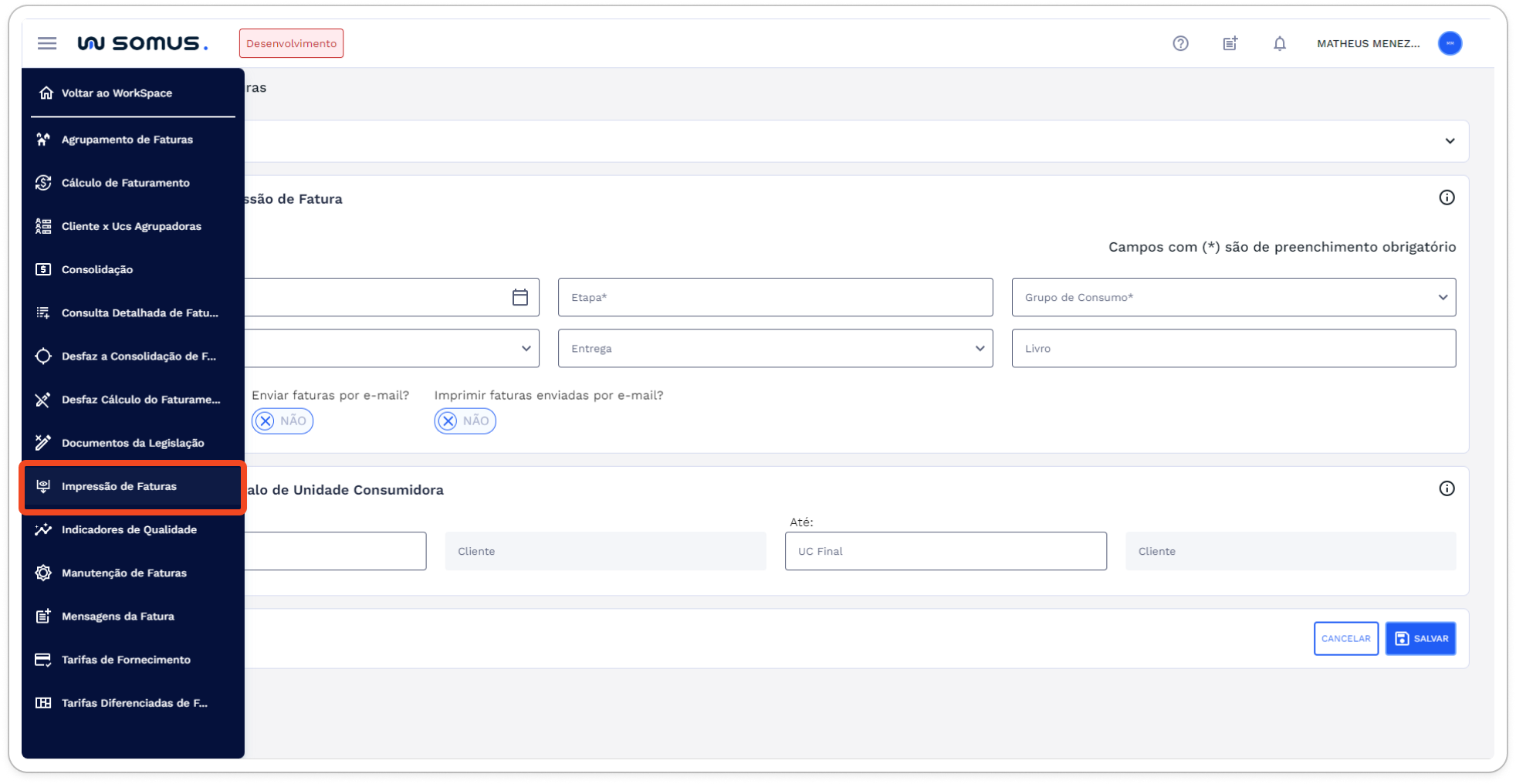 Menu Workspace Faturamento – Item Impressão de Faturas