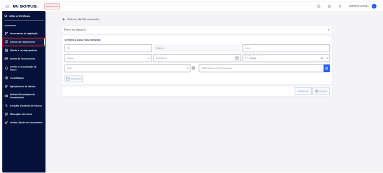 Figura 1: Menu Workspace Faturamento - Item Cálculo do Faturamento