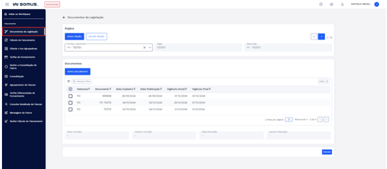 Figura 1: Menu Workspace Faturamento - Item Documentos da Legislação