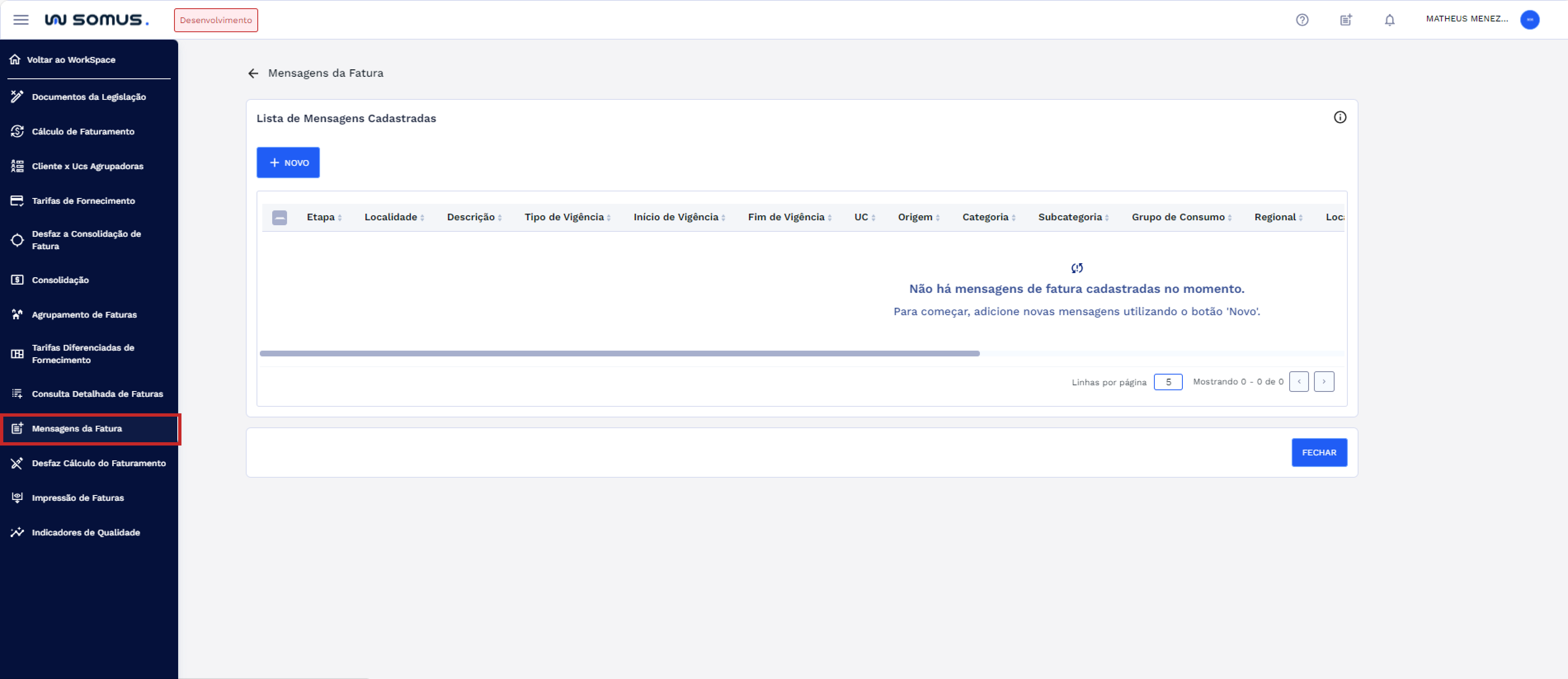 Menu Workspace Faturamento