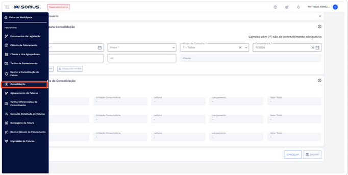 Figura 1: Menu Workspace Faturamento - Item Consolidação