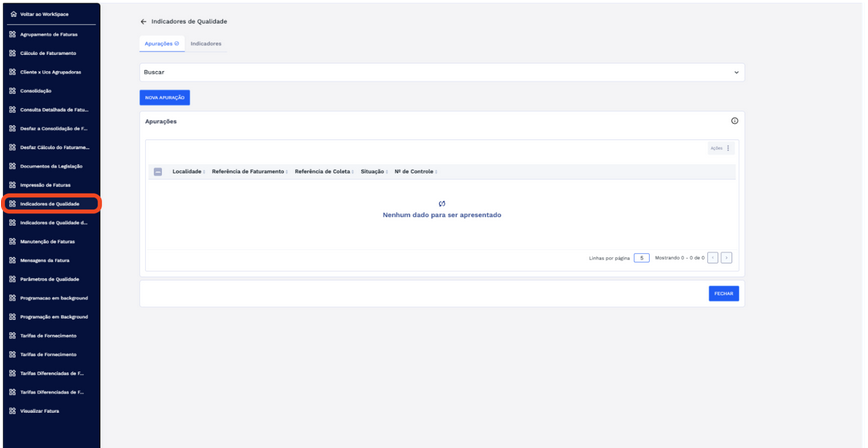 Figura 1: Menu Workspace Faturamento - Item Indicadores de Qualidade