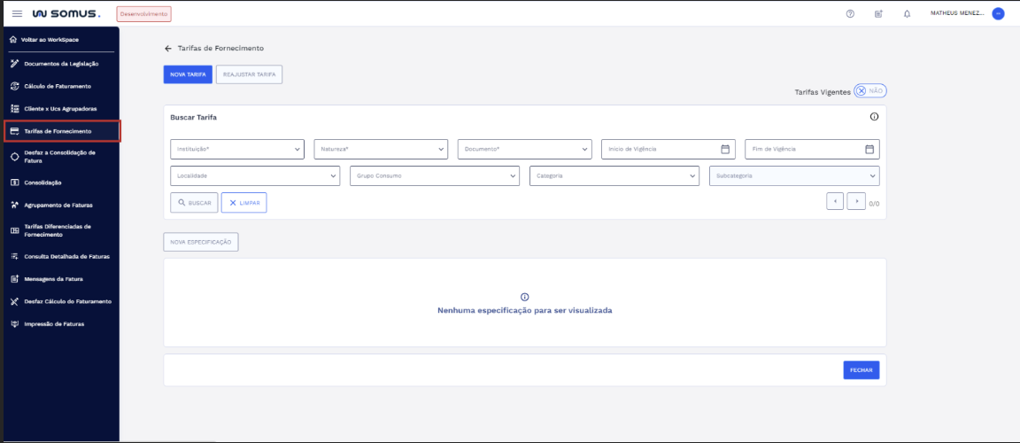Figura 1: Menu Workspace Faturamento - Item Tarifas Diferenciadas de Fornecimento
