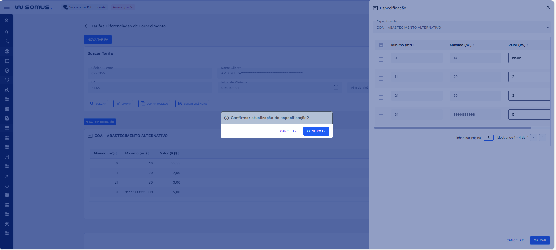 Caixa de diálogo - Confirmar atualização de especificação
