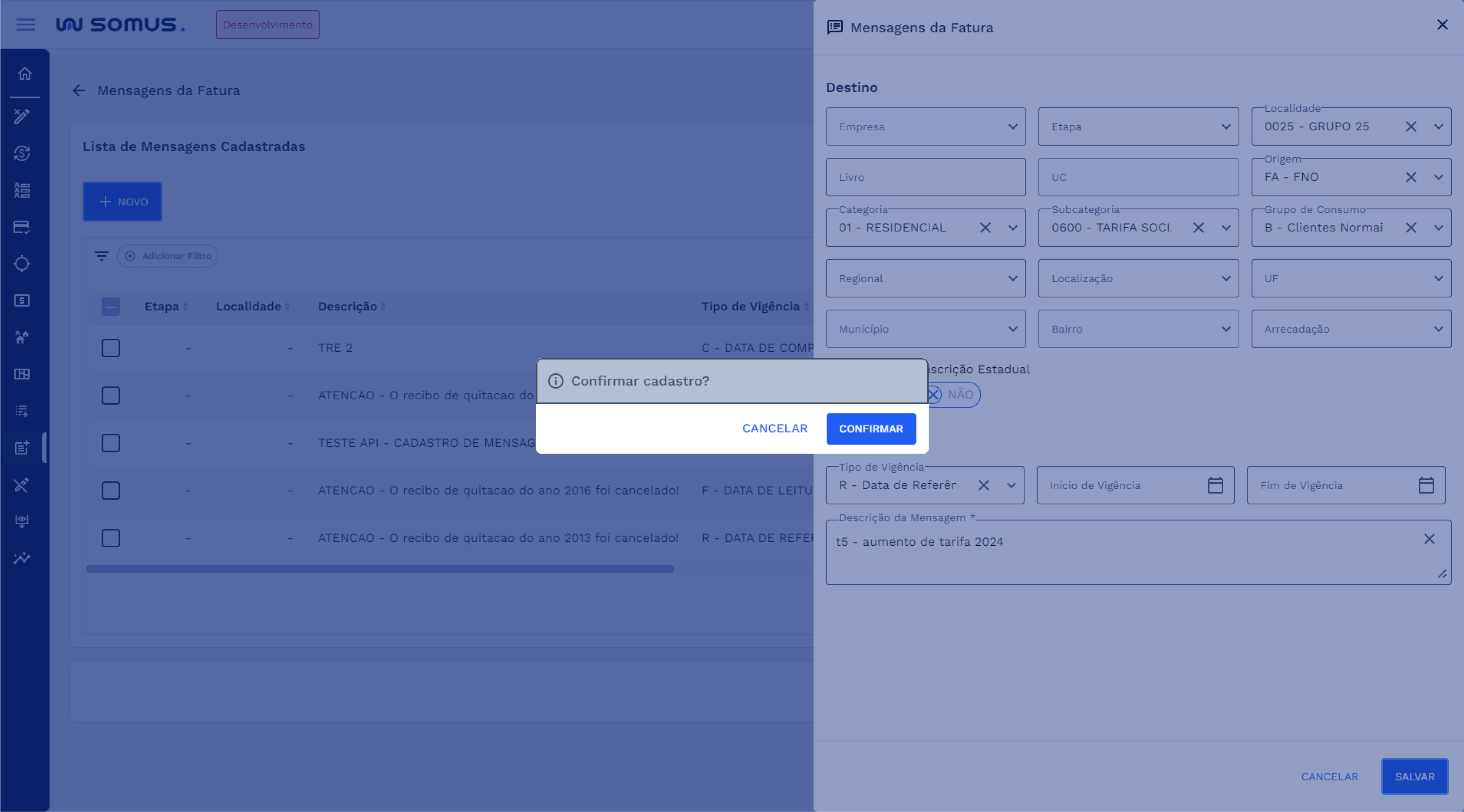 Caixa de diálogo - confirmação do cadastro