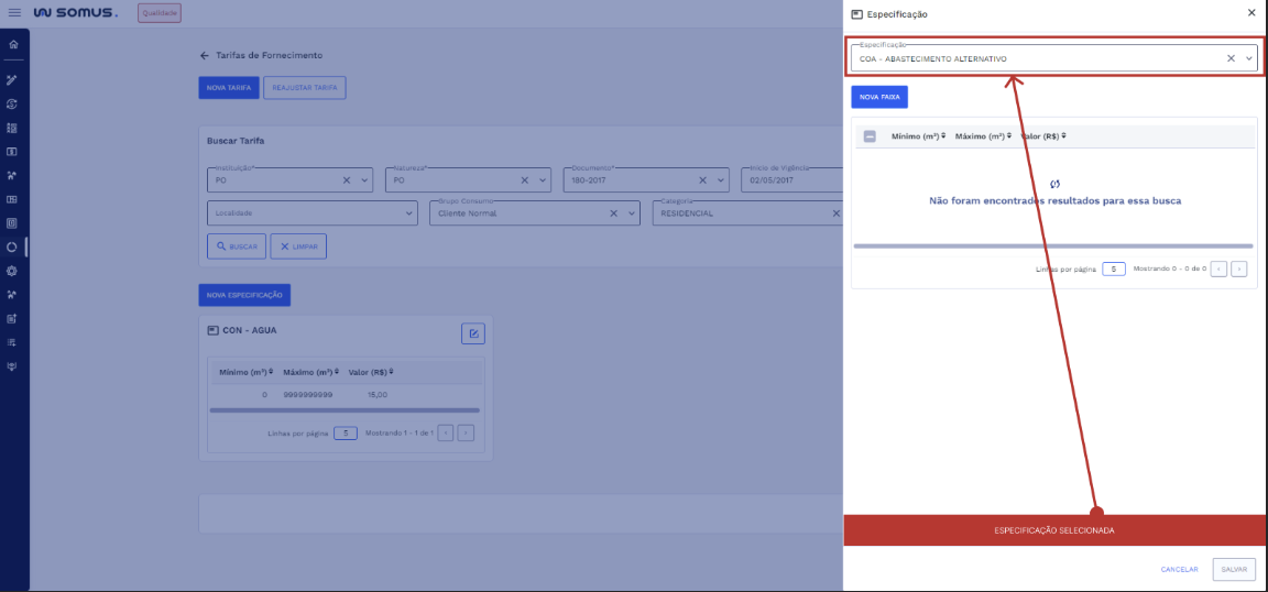 Figura 11: Especificação selecionada