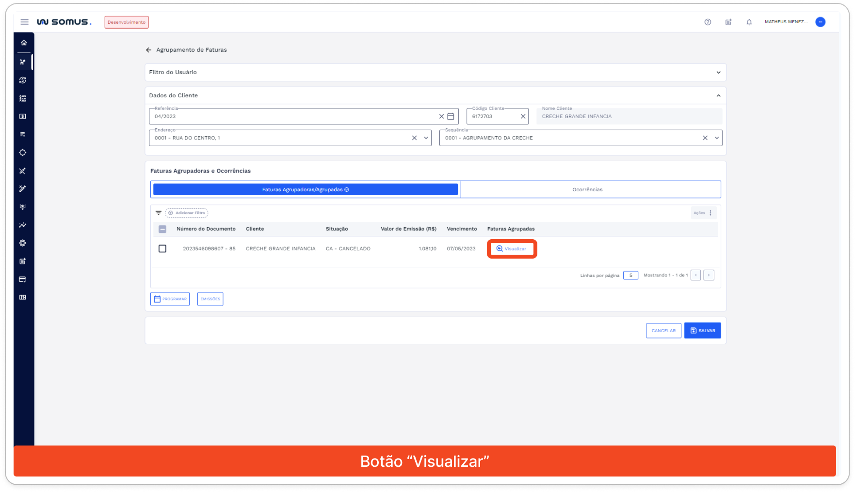 Figura 10: Botão "Visualizar” na tabela de Faturas Agrupadoras/Agrupadas