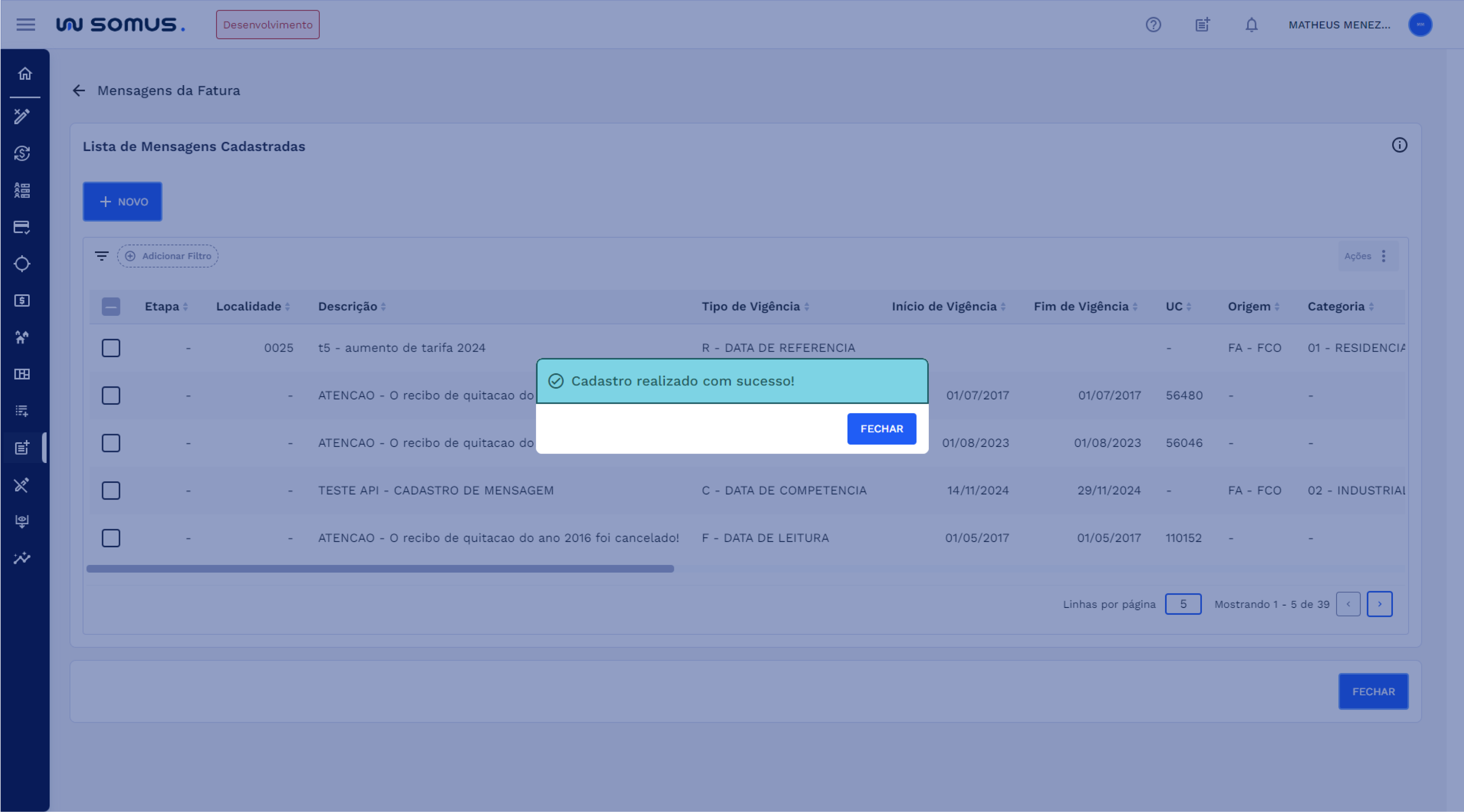 Caixa de diálogo - sucesso no cadastro