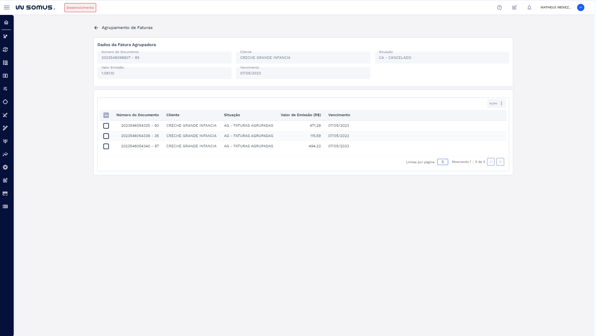 Figura 11: Visualização dos Dados da Fatura Agrupadora e das Faturas Agrupadas