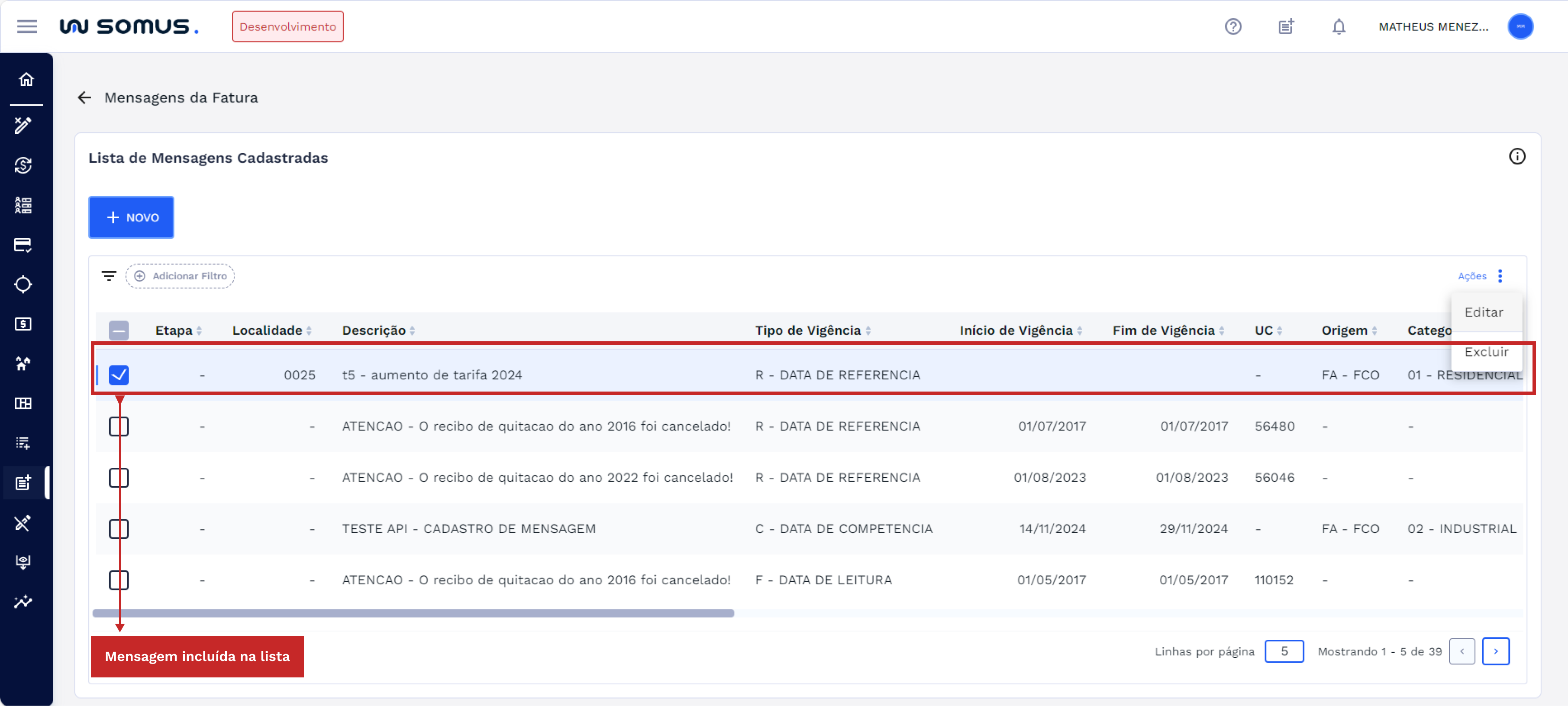 Mensagem incluída na lista