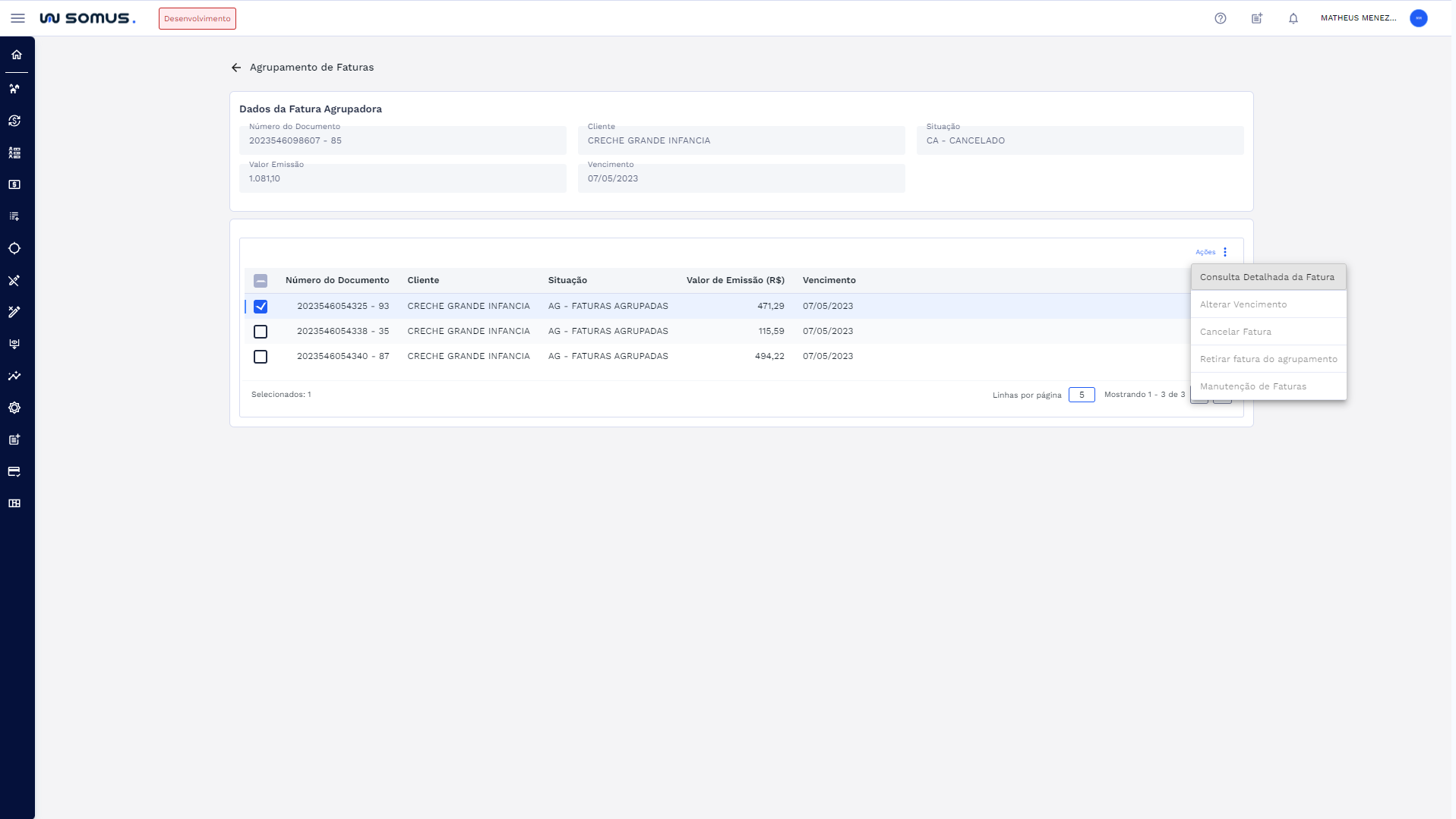 Figura 12: Ações - Consulta Detalhada da Fatura