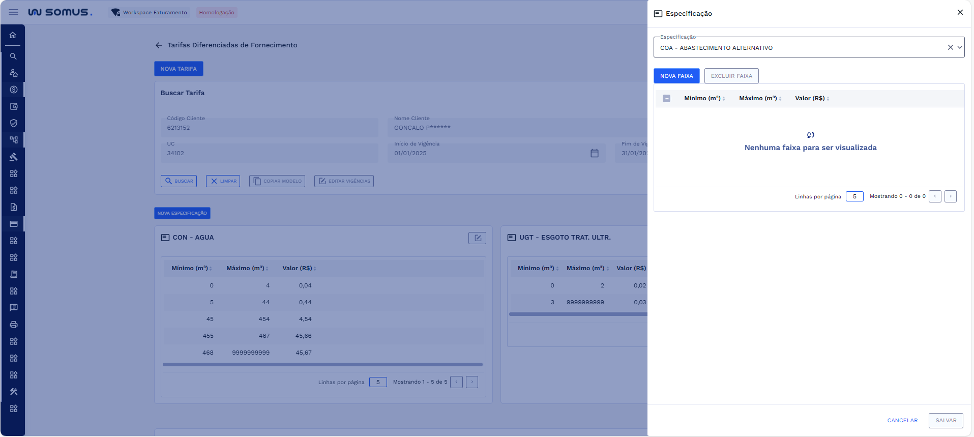 Especificação selecionada