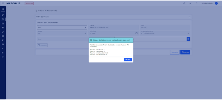 Figura 13: Caixa de Diálogo - Cálculo do Faturamento realizado com sucesso