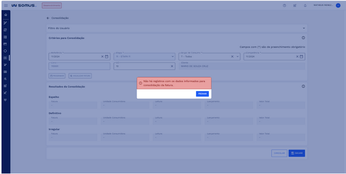 Figura 15: Caixa de Diálogo - Não há registros com dados relacionados para consolidação