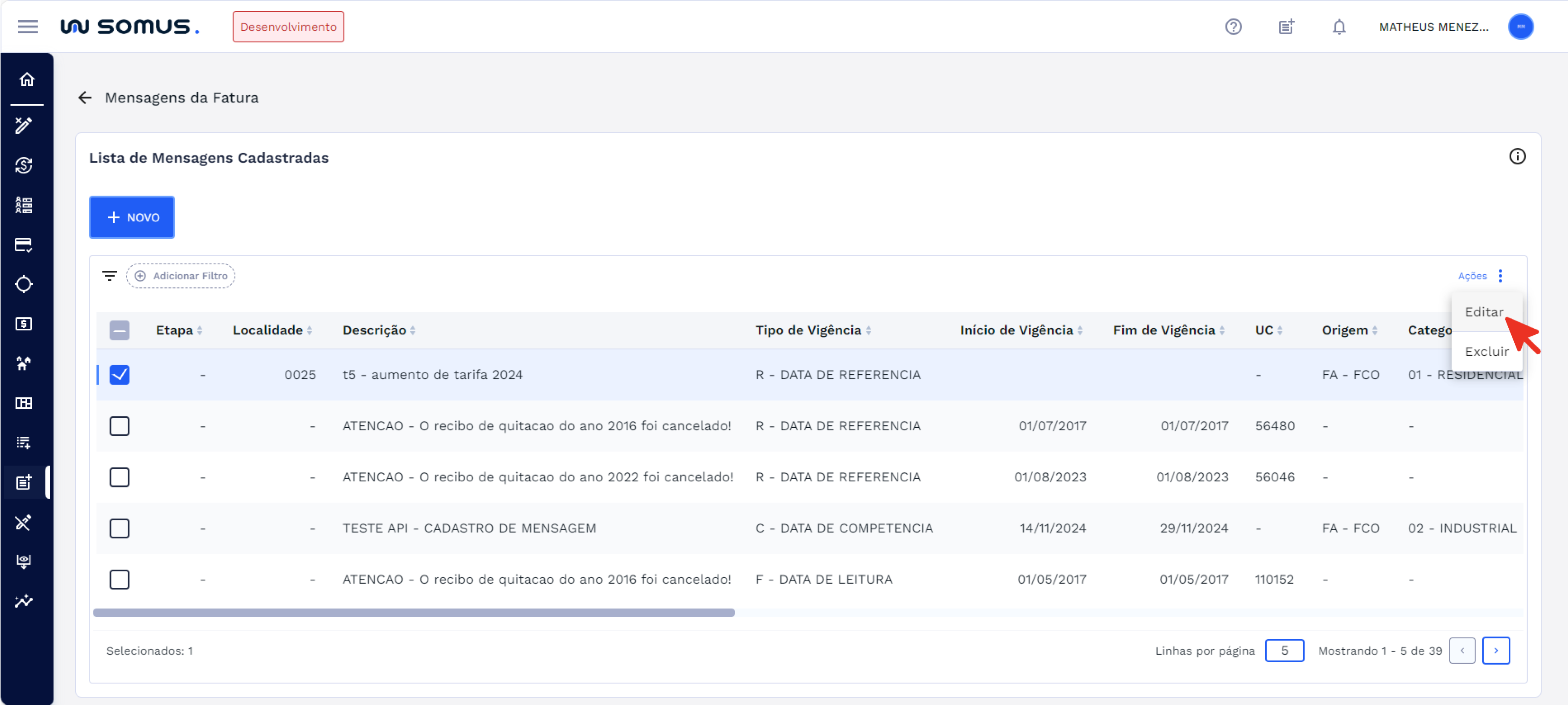 Item da Lista Editar Mensagem