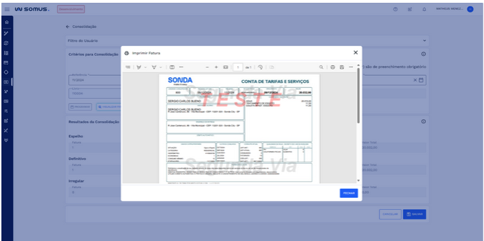Figura 16: Modal Imprimir Fatura - Visualização da fatura da UC consolidada