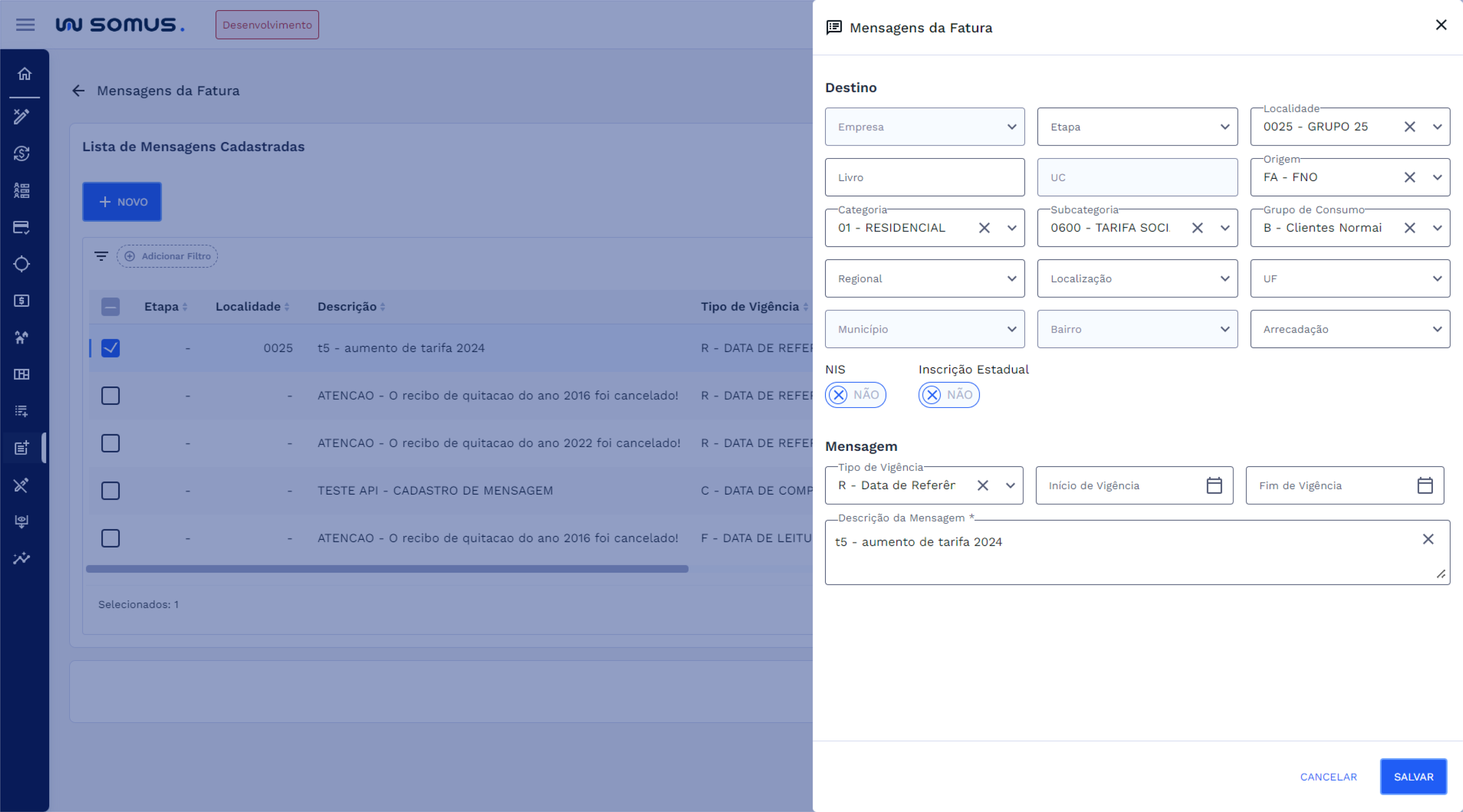 Janela em Modo Edição - Mensagem da Fatura