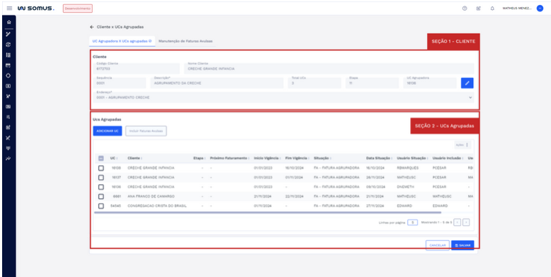 Figura 12: Aba UC Agrupadora x UCs agrupadas