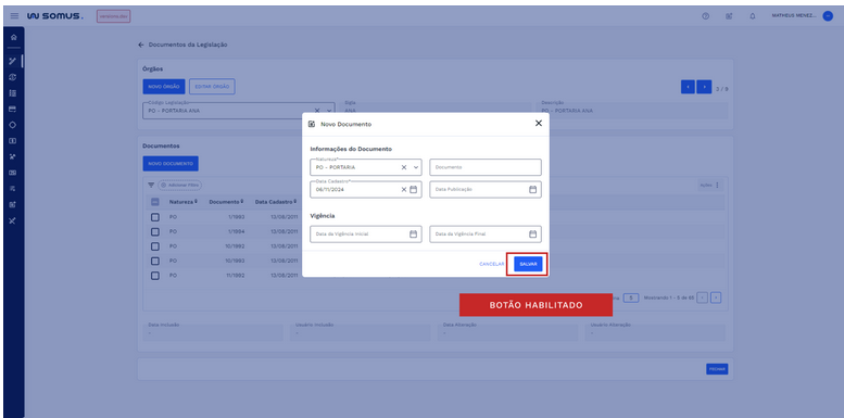 Figura 16: Janela Novo Documento - Botão Habilitado