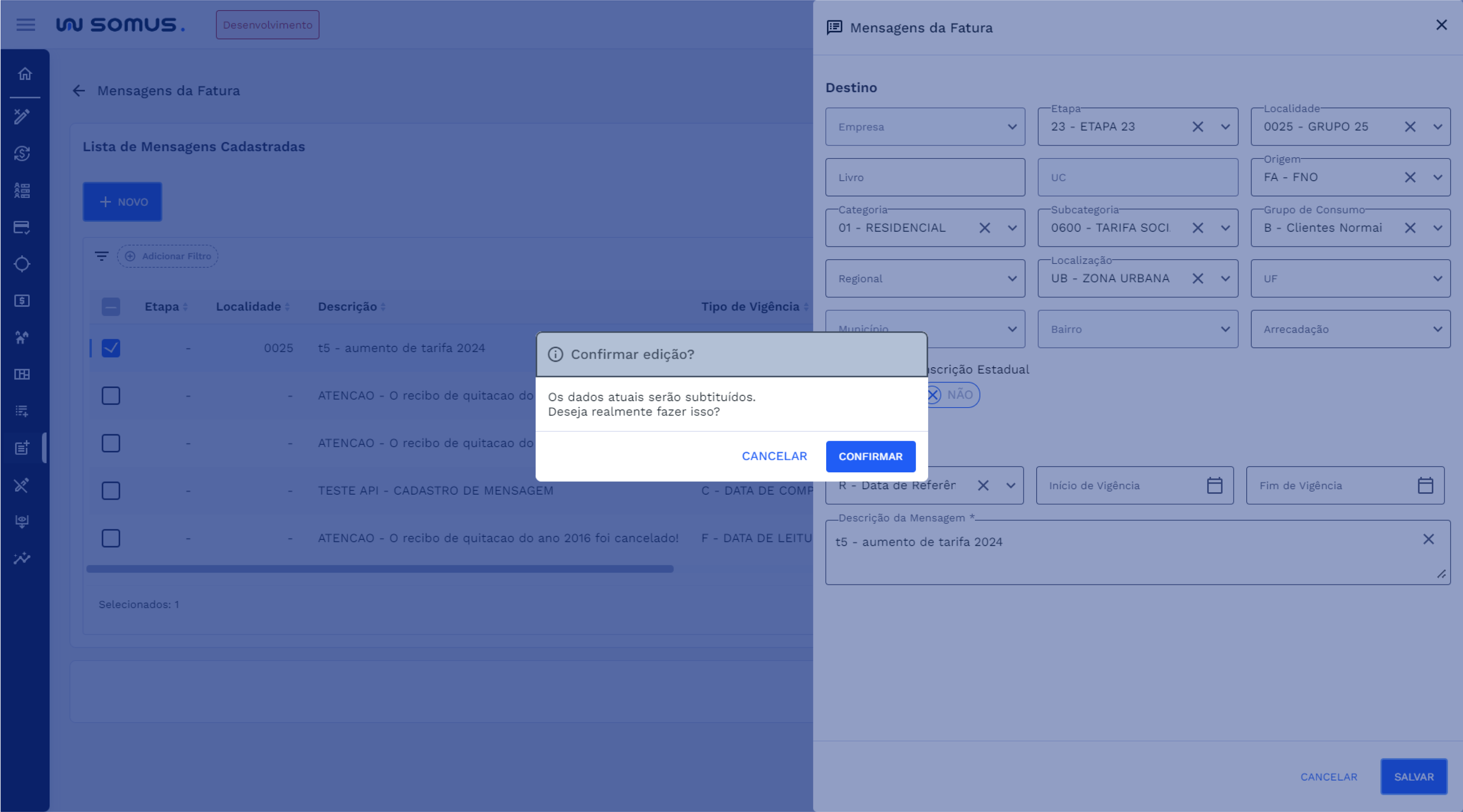 Caixa de diálogo - confirmação de edição