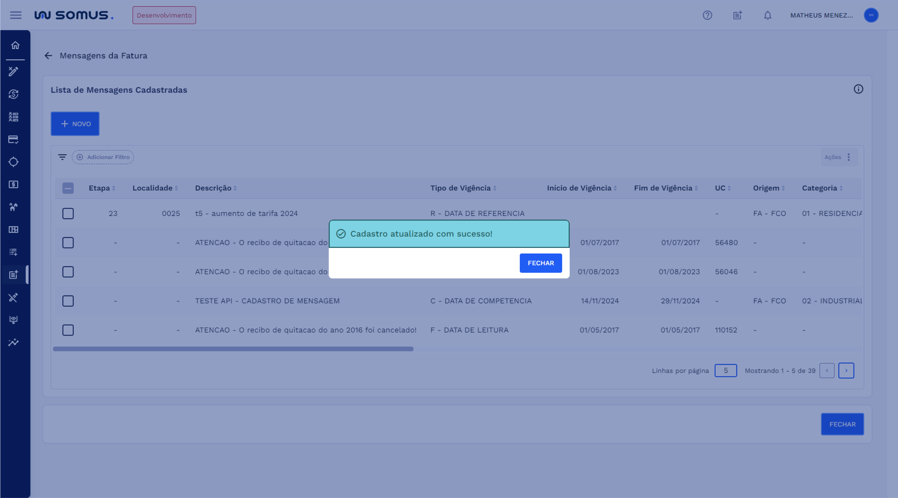 Caixa de diálogo - sucesso na edição