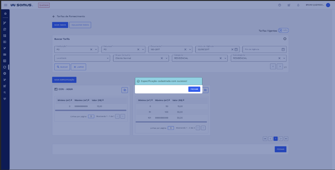 Figura 17: Especificação cadastrada com sucesso