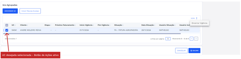 Figura 14: Aba UC Agrupadora x UCs agrupadas - Seção UCs Agrupadas – UC selecionada – Ações - Menu de opções