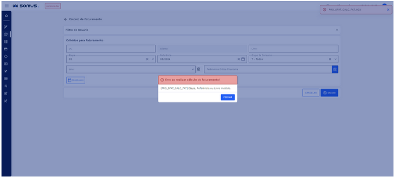 Figura 17: Caixa de Diálogo - Erro de cálculo do faturamento