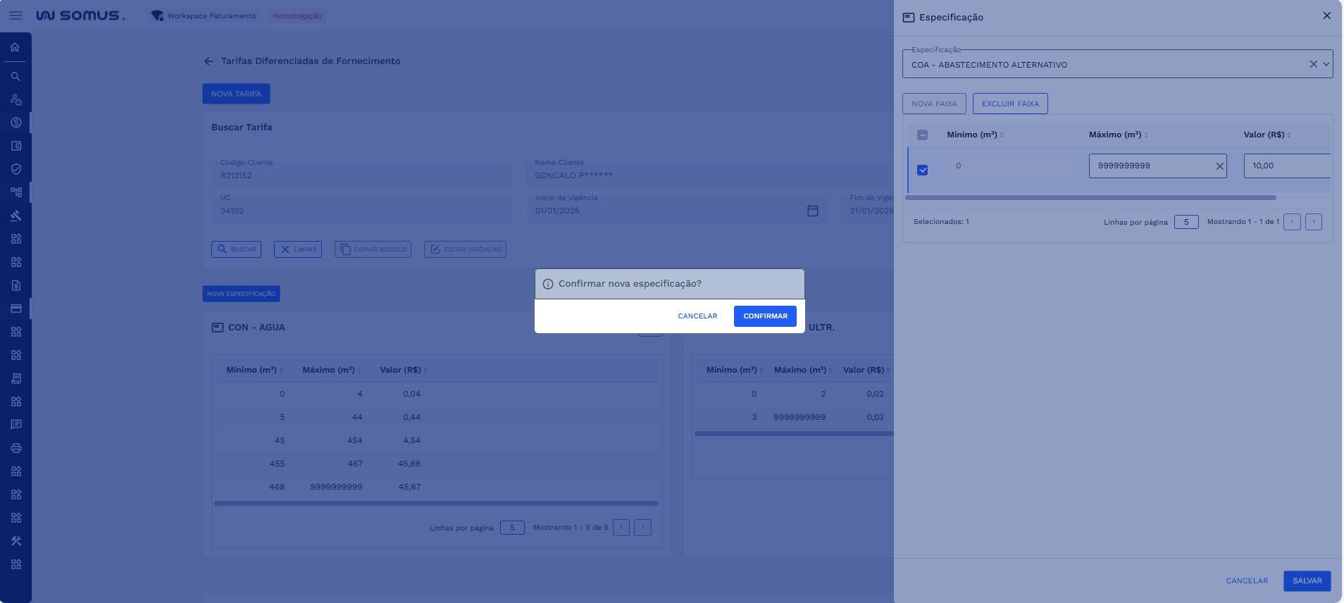 Caixa de diálogo - Confirmar nova especificação