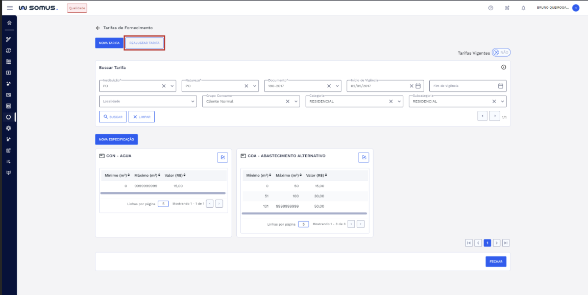 Figura 19: Botão de reajuste de tarifa