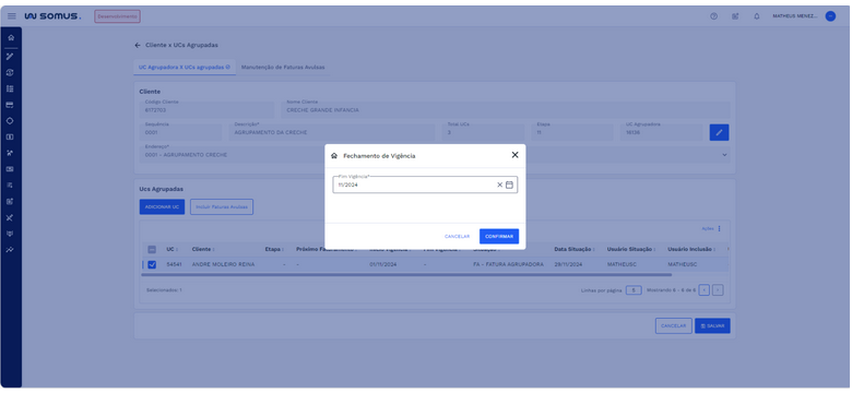 Figura 15: Aba UC Agrupadora x UCs agrupadas – Encerramento de vigência UC agrupada