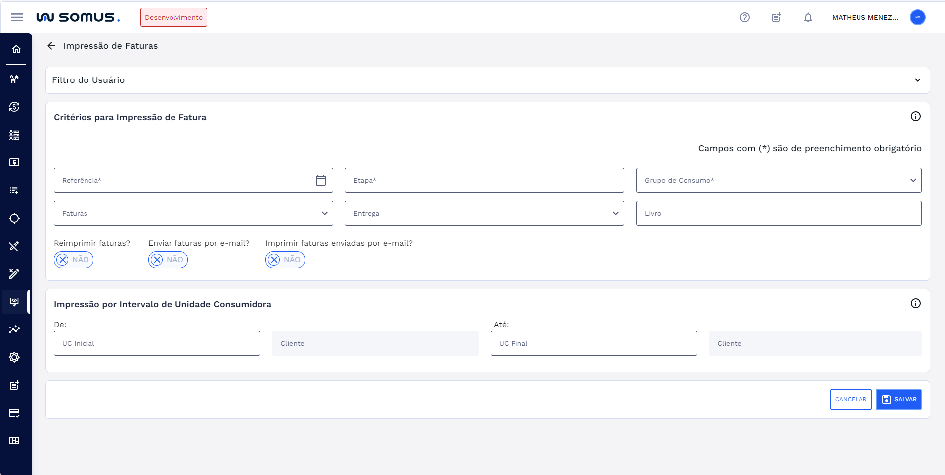 Tela inicial – Impressão de Faturas