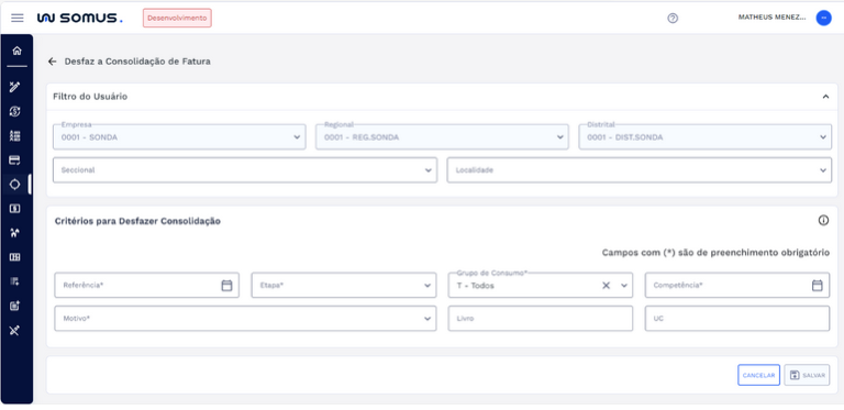 Figura 2: Tela inicial – Desfaz a Consolidação de Fatura