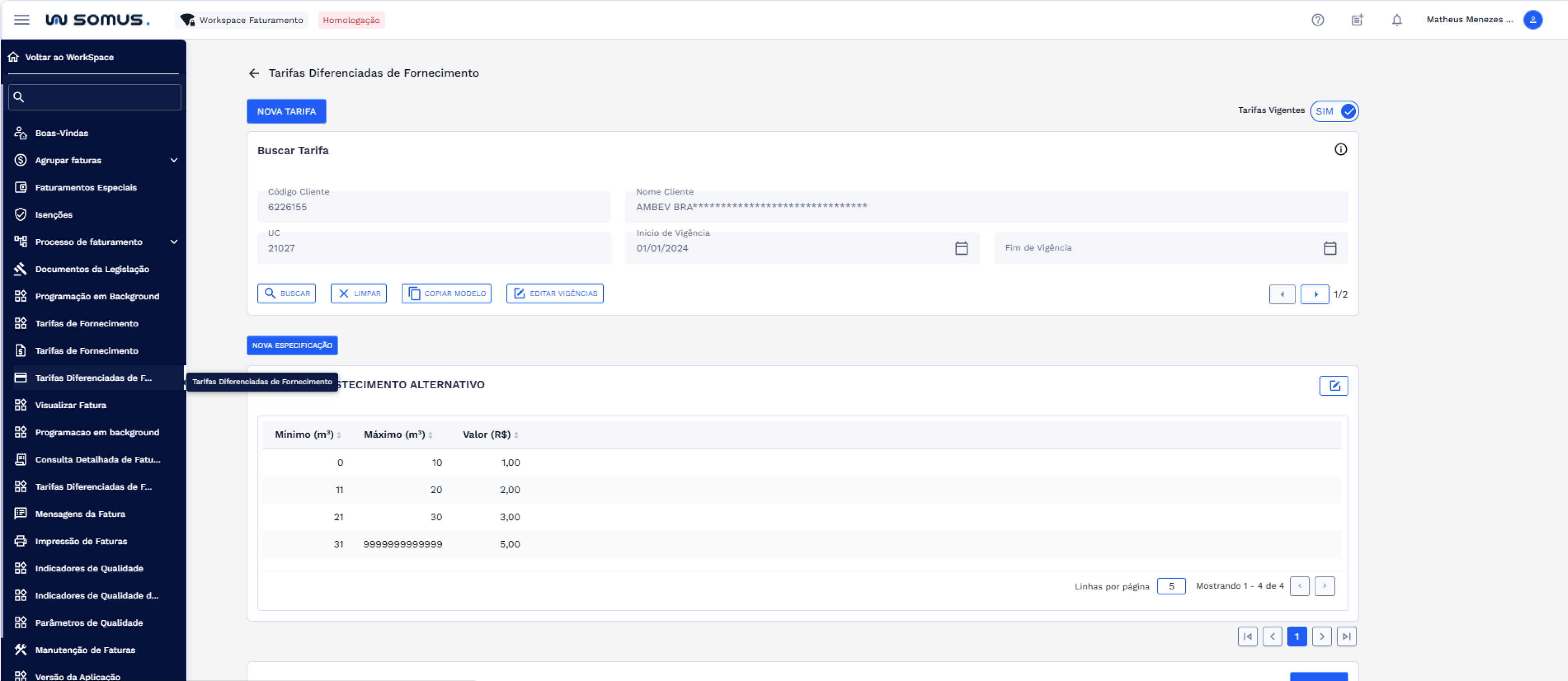Menu Workspace Faturamento - Item Tarifas Diferenciadas de Fornecimento