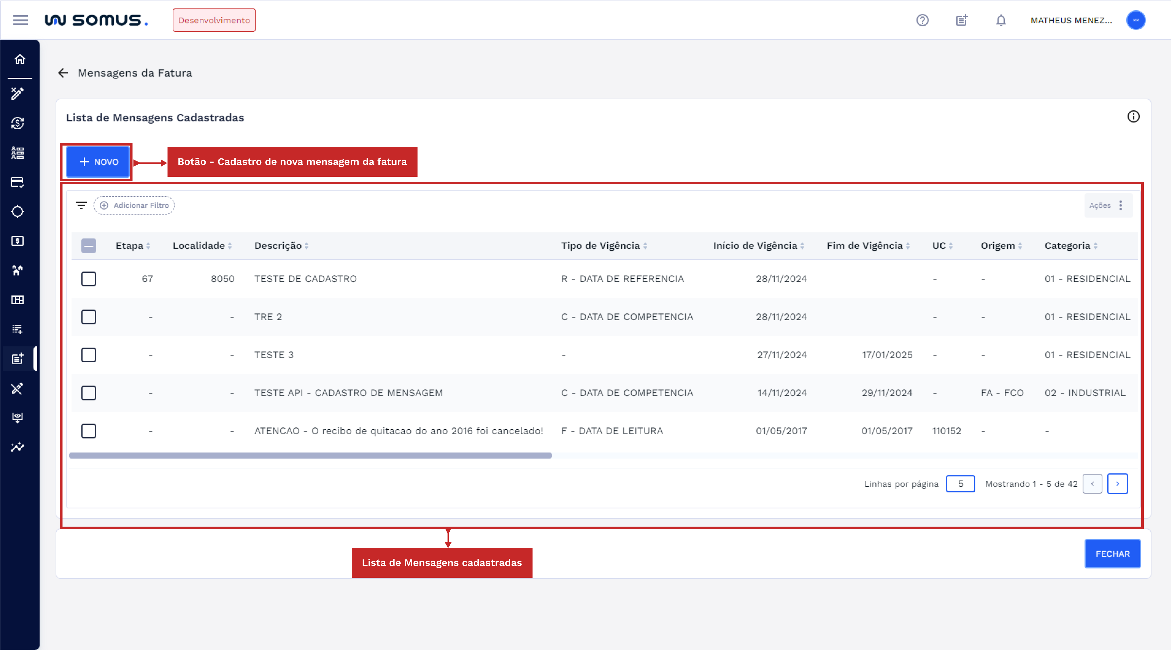 Tela inicial Mensagens da Fatura