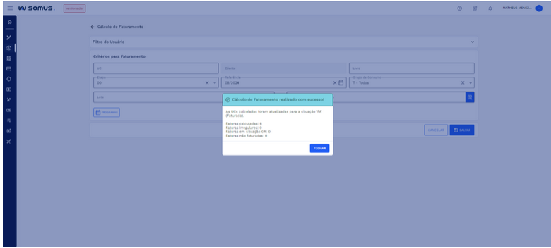 Figura 19: Caixa de Diálogo - Cálculo do faturamento realizado com sucesso