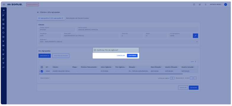 Figura 16: Aba UC Agrupadora x UCs agrupadas – confirmar fim de vigência