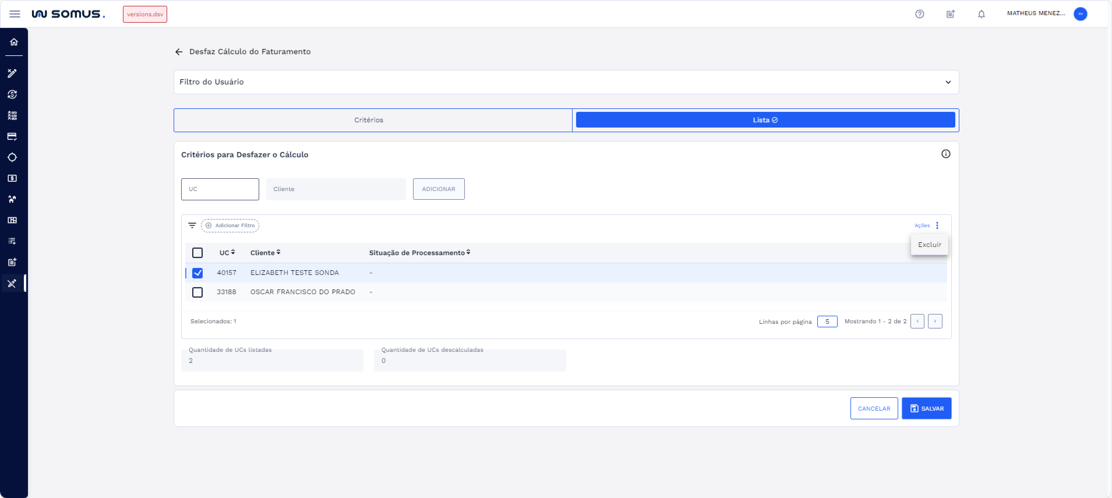 Figura 20 - Ações - Excluir UCs da Lista