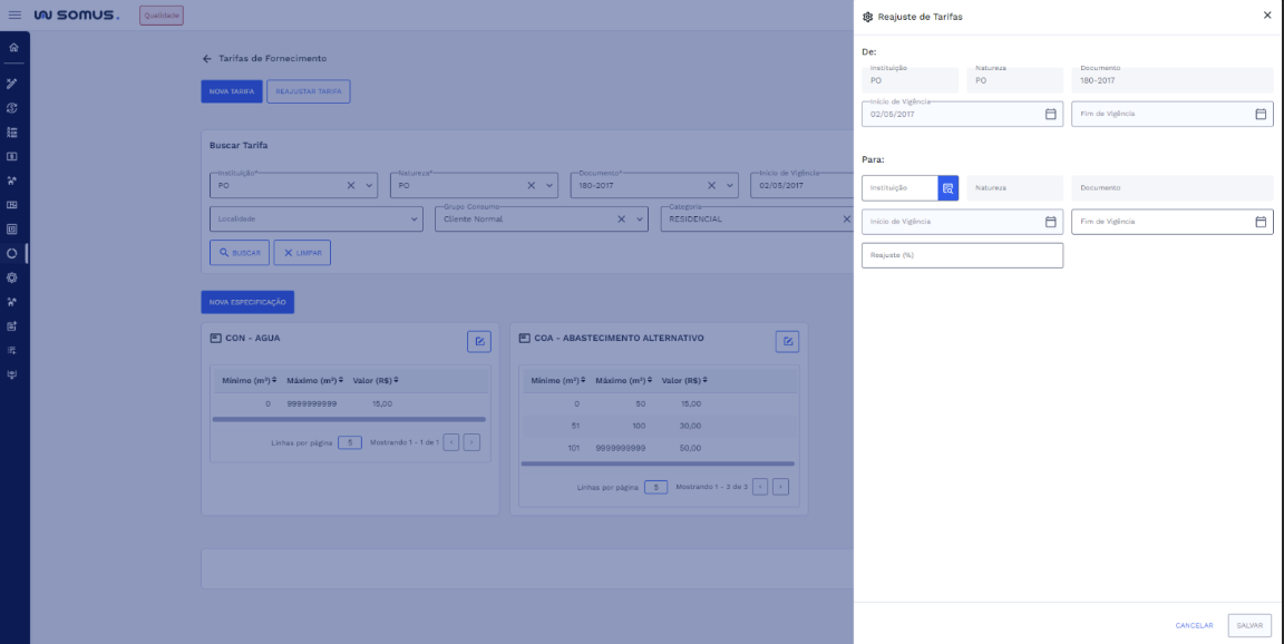 Figura 20: Janela de reajuste de tarifas