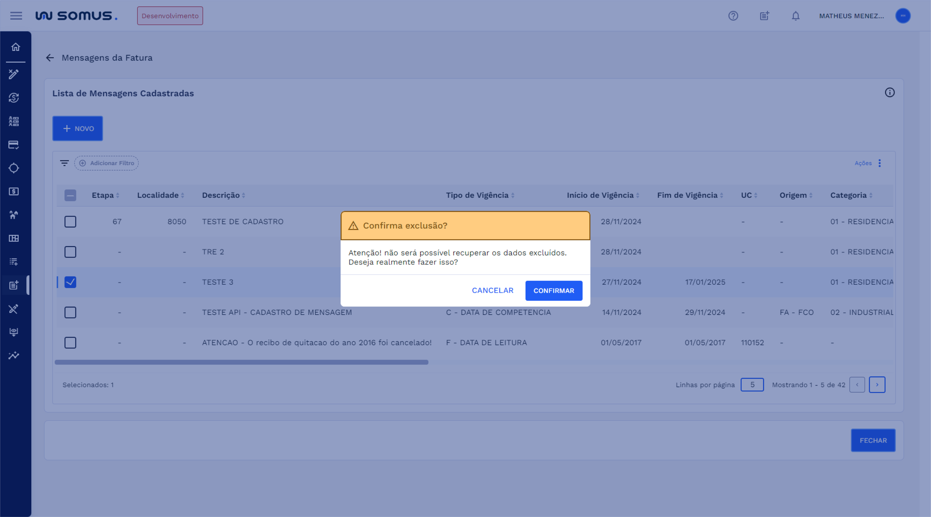 Caixa de diálogo - confirmação de exclusão