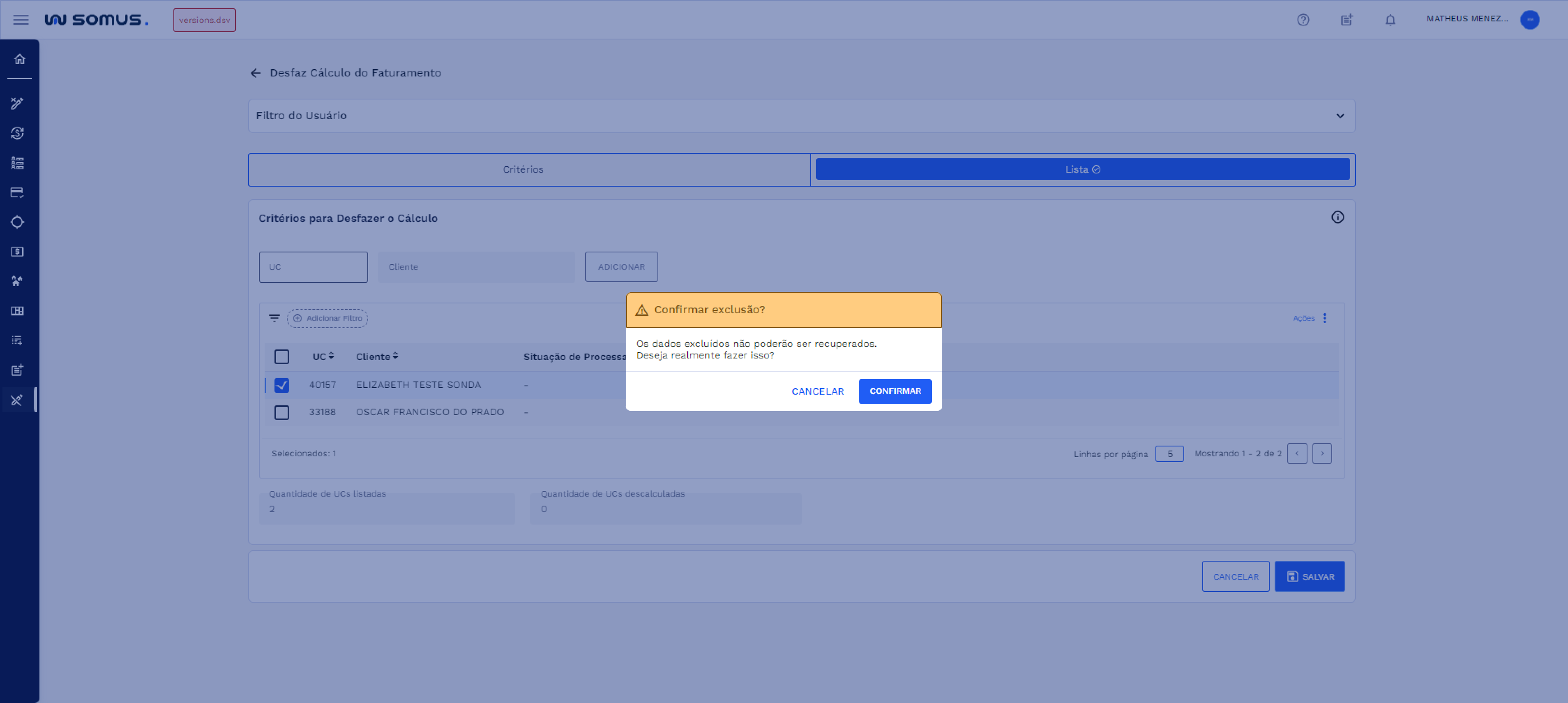 Figura 21 – Caixa de Diálogo - Confirmar exclusão de UCs da lista