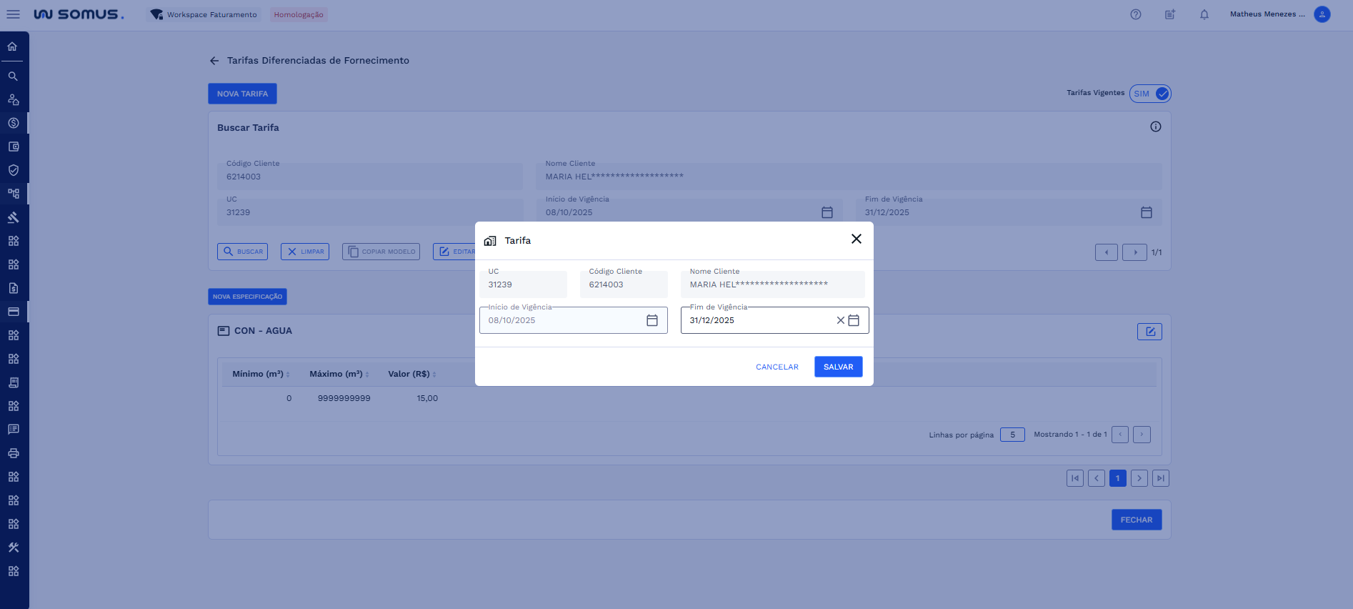 Janela de edição de vigências