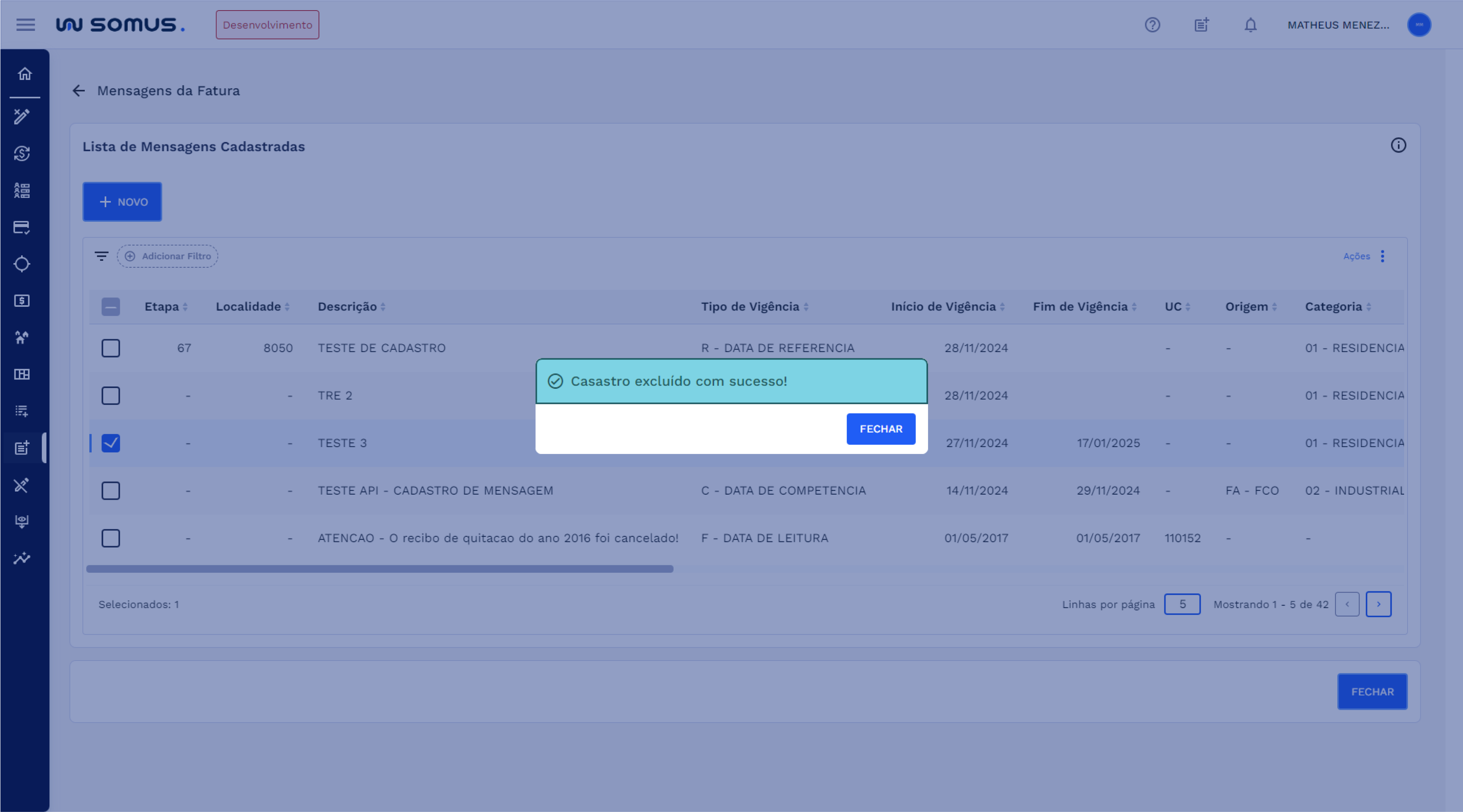 Caixa de diálogo - sucesso na exclusão