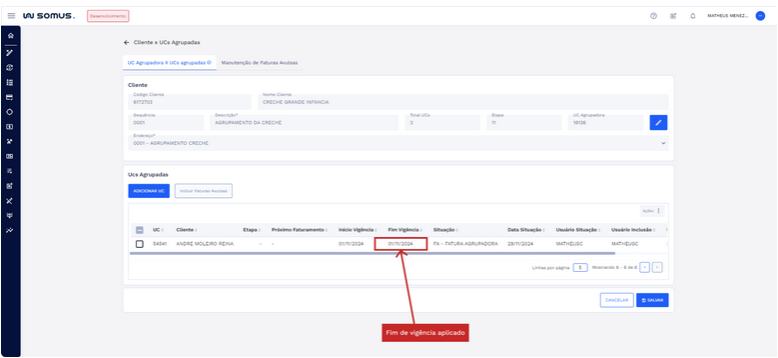 Figura 18: Aba UC Agrupadora x UCs agrupadas – Fim de vigência aplicado