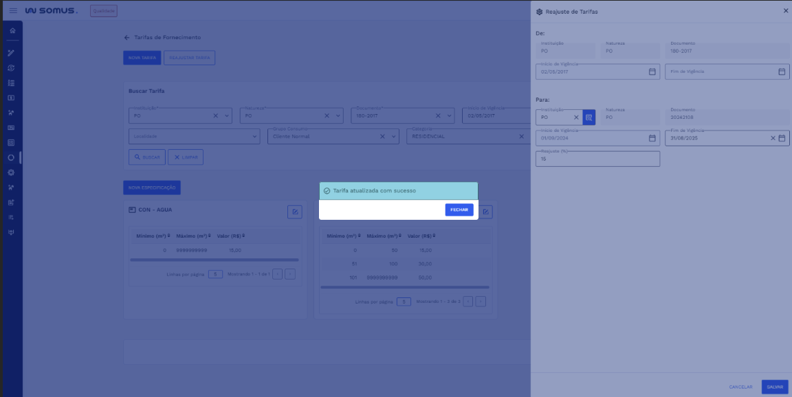 Figura 22: Caixa de diálogo - Tarifa reajustada