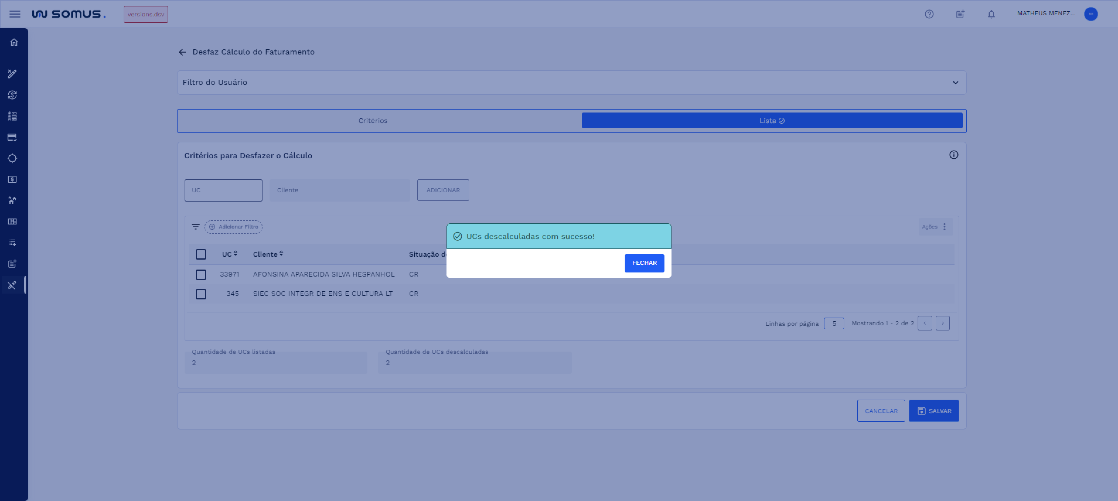 Figura 23: Caixa de diálogo - UCs descalculadas com sucesso