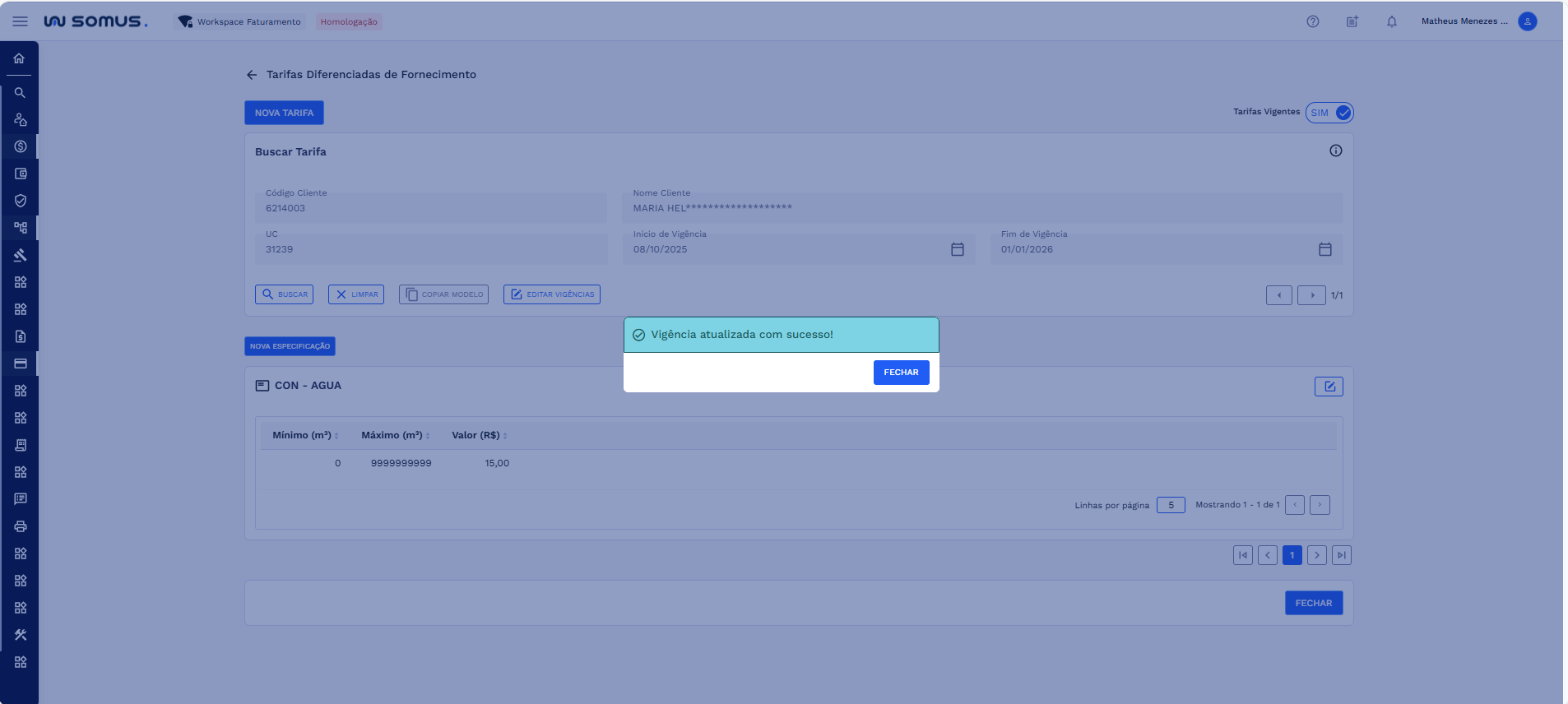 Caixa de diálogo - Vigência atualizada com sucesso
