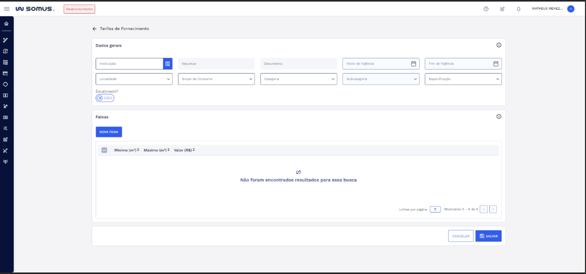 Figura 23: Tela Cadastro Tarifa