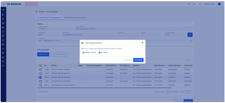 Figura 20: Aba UC Agrupadora x UCs agrupadas – Janela Incluir Fatura Avulsas