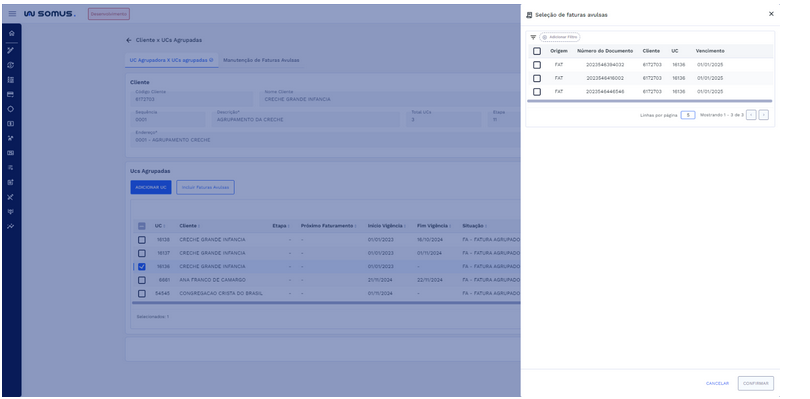 Figura 21: Aba UC Agrupadora x UCs agrupadas – Seleção de Faturas Avulsas